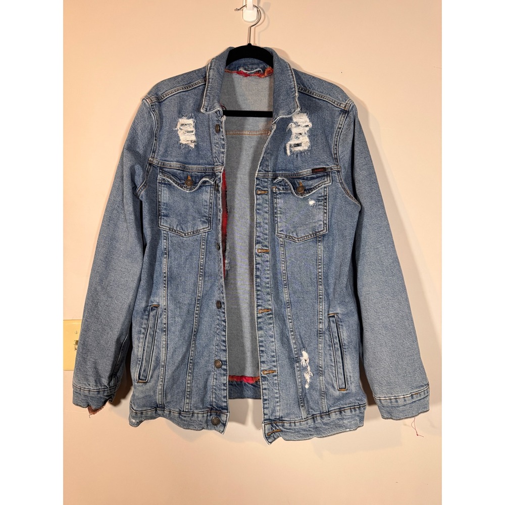 Pull&Bear Distressed Denim Trucker Jacket Light Wash Plaid Lined Blue Rugged